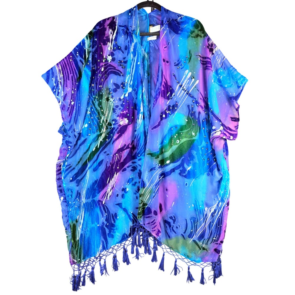 DreamKeeper Kimono Wrap Blue Purple Abstract Boho Whimsy Burnout Sequin Tassel
